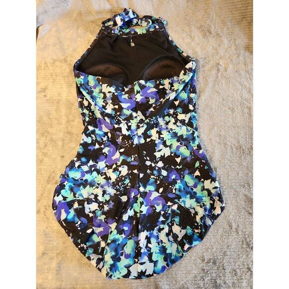Speedo size M Blue Green Print High Neck Halter One Piece Swim Suit - Picture 2 of 3